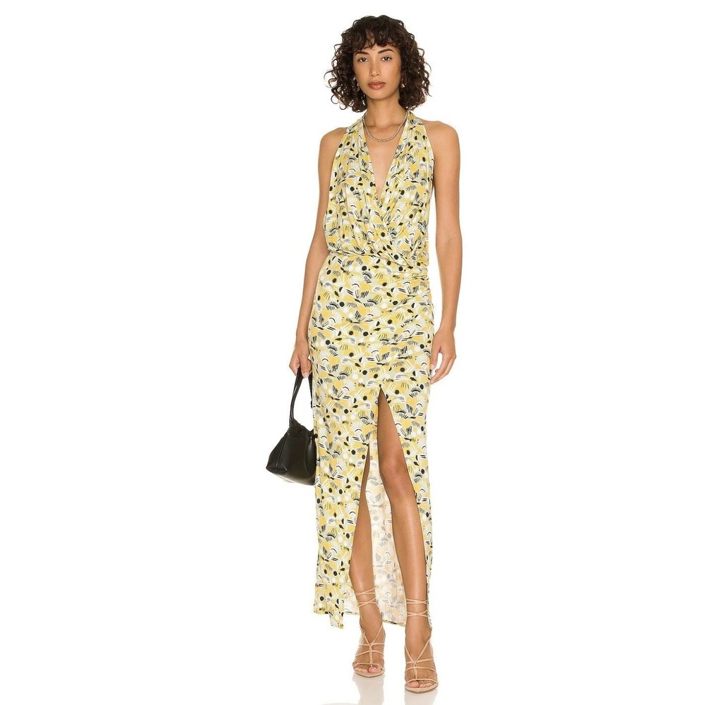 Free People Daria Halter Wrap Slit Apple Mint Combo Abstract Maxi Dress SM Boho